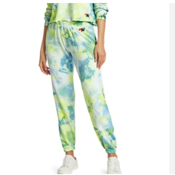 AVIATOR NATION Hand Dyed Sweatpants Tie Dye Neon Yellow Green Blue Size Medium - Picture 5 of 12